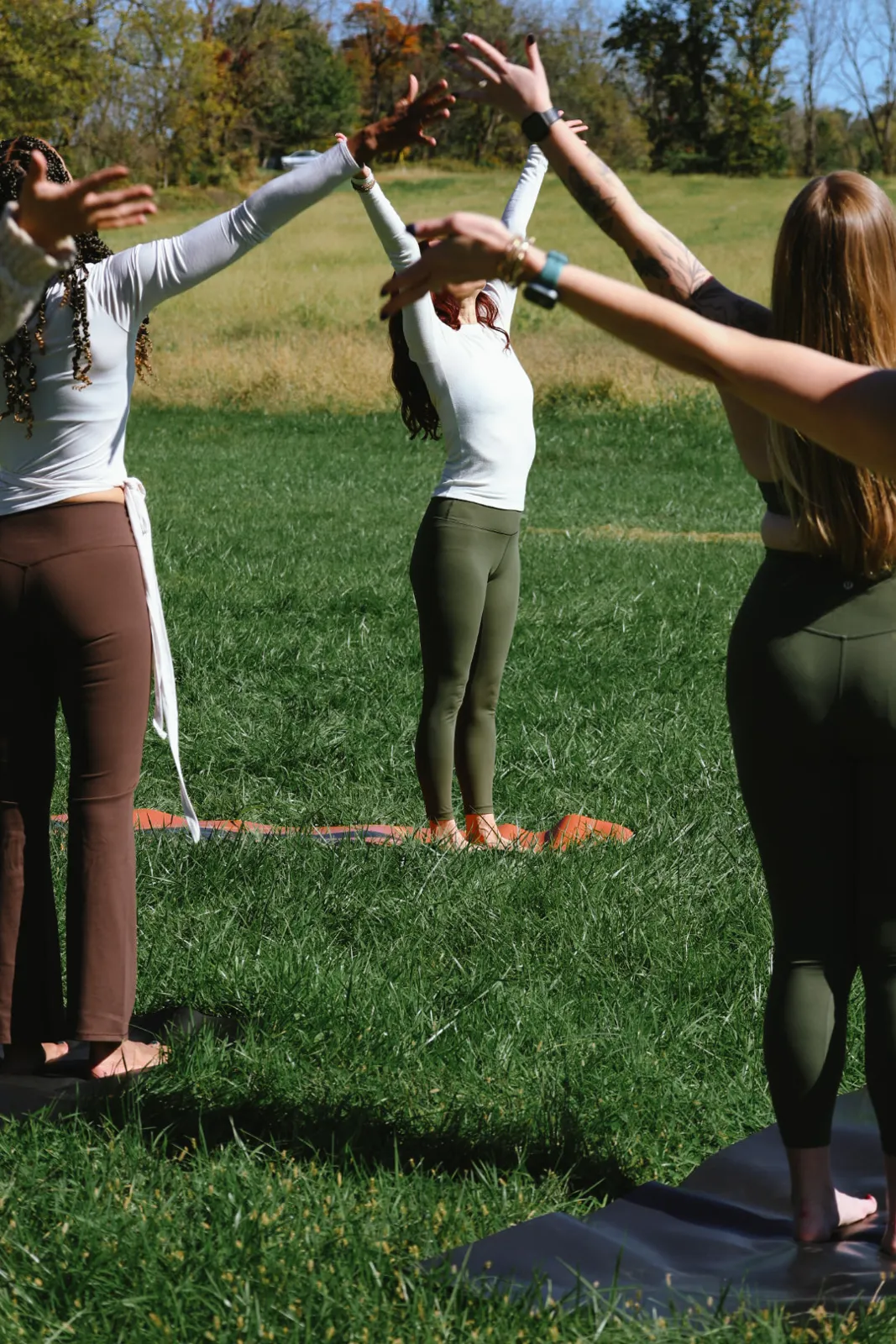 Women joining raised hands in a circle on the grass