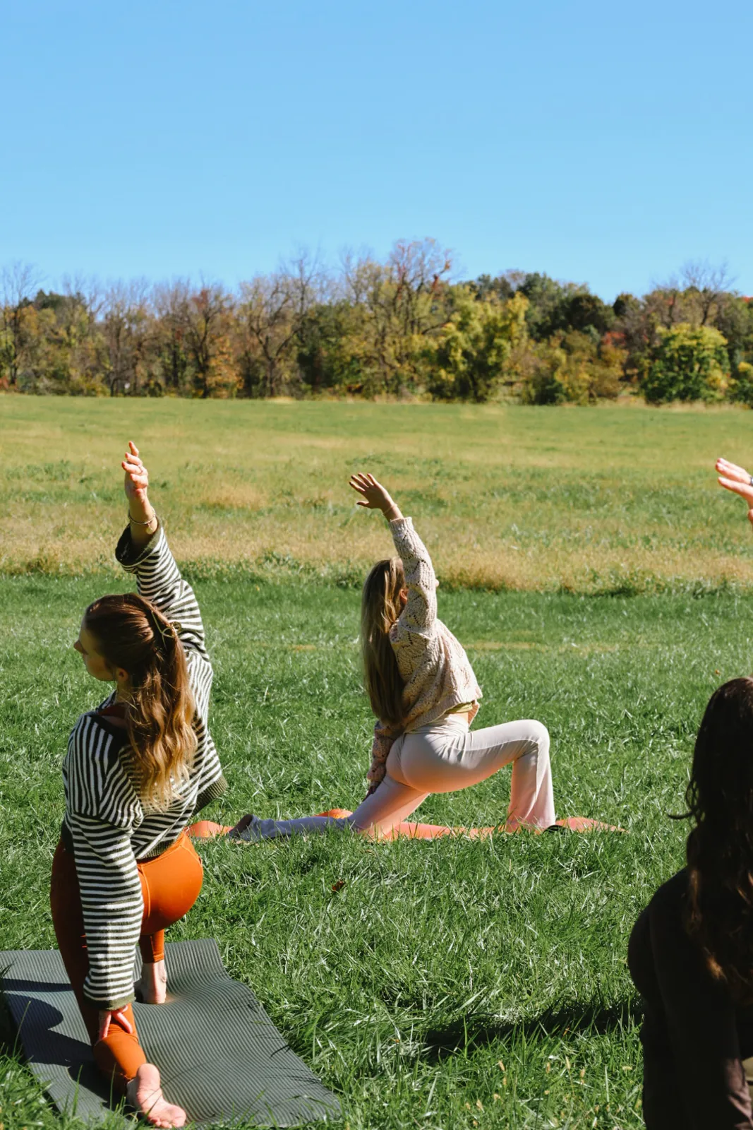 Group practising lunges on mats in a green meadow